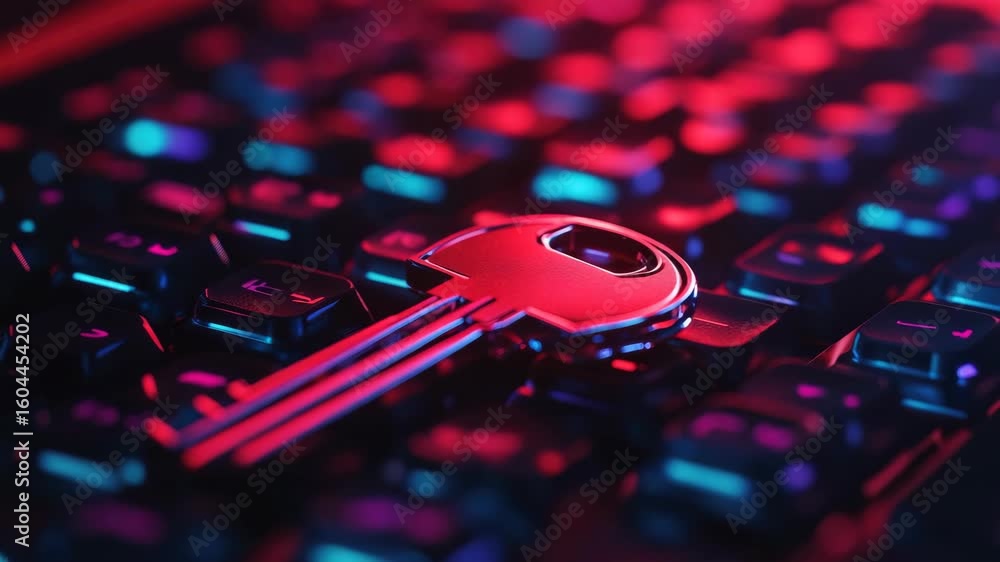 Poster metallic key on colorful illuminated keyboard, symbolizing cybersecurity and data protection