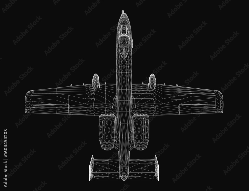 Aufkleber a 3d wireframe model of a combat aircraft displayed on a black background. the detailed mesh structu