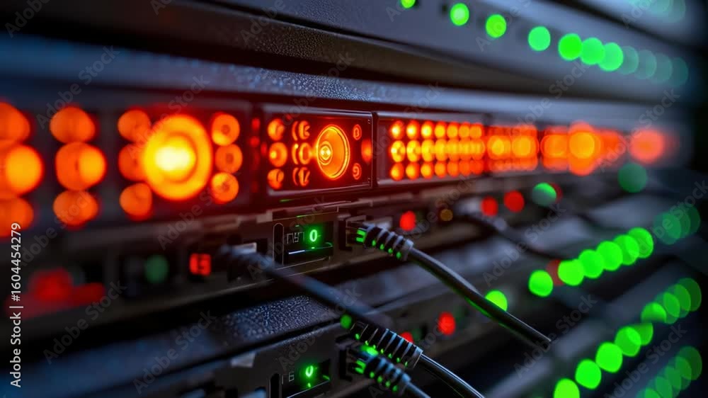 Poster colorful led indicators on server rack in data center with networking cables and technology componen