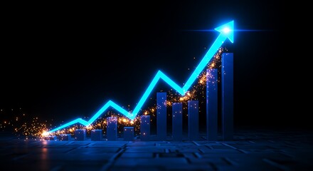 Bright Blue Growth Chart with Arrow Pointing Upward on Dark Background