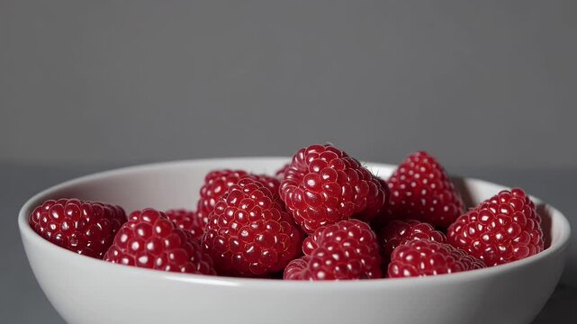A ceramic bowl overflows ruby red raspberries whose delicate drupelets glisten under soft studio lighting neutral slate backdrop contrasts vivid fruit tones offering marketers sumptuous k close up
