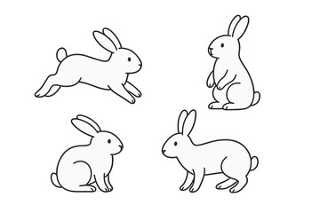 Rabbit bunny line art collection. Simple minimal vector icons. Cute cartoon character in different poses like hopping, sitting, standing. Easter animal pet illustration set.
