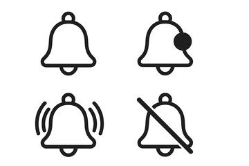 Bell vector icon set for alert and notification elements, digital notification symbols, alert bells, reminder icons, communication and alert interface graphics on transparent background