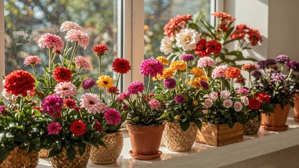 Fototapeta premium Indoor windowsill decorated with multiple blooming potted flowers