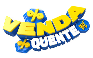 Texto 3D VENDA QUENTE azul com símbolo de porcentagem, estilo comercial moderno