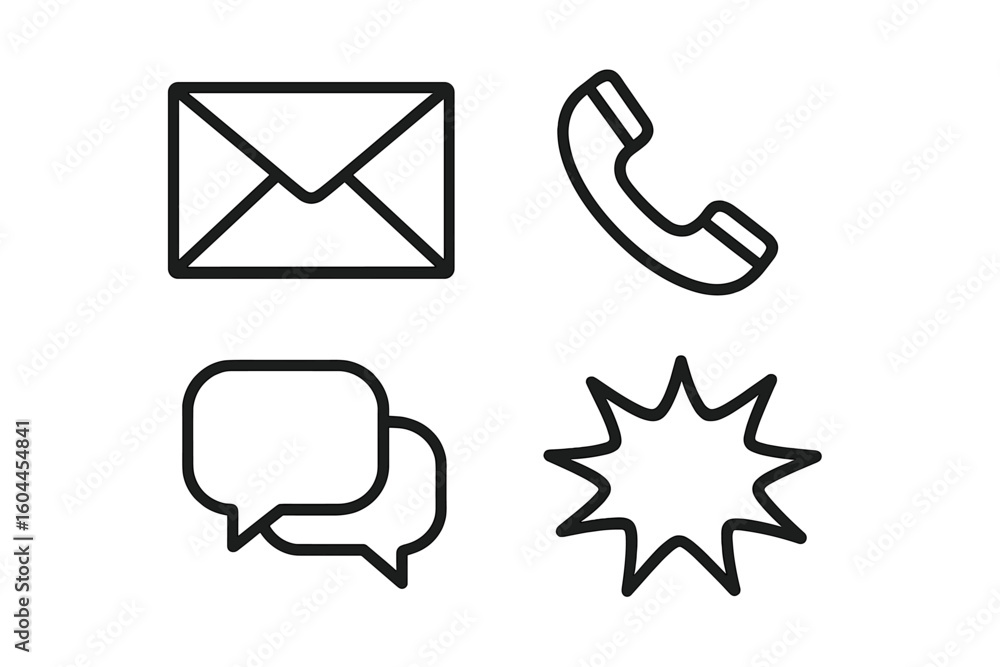 Poster communication contact icons set outline style email phone chat speech bubbles message symbols custom