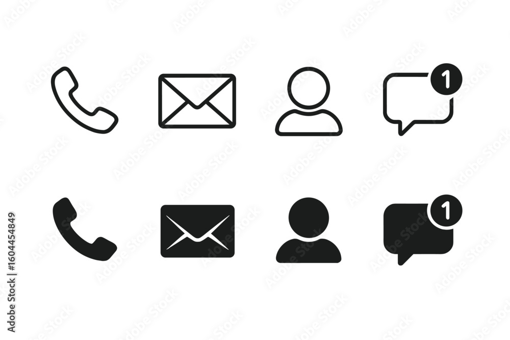 Poster contact communication icon set phone email profile message notification ui design symbol outline sol