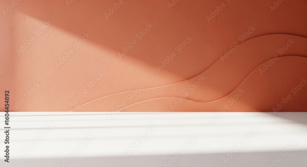 Poster a minimal scene featuring a textured terracotta wall with an abstract wavy pattern. natural sunlight