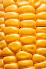 Close-up of glossy yellow corn kernels in neat rows, highlighting texture and freshness of the vegetable.