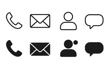 Minimalist contact communication icon set – telephone call symbol, envelope email message, user profile avatar, chat bubble in outline and solid styles, editable vector graphic