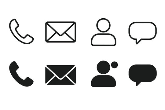 Minimalist contact communication icon set – telephone call symbol, envelope email message, user profile avatar, chat bubble in outline and solid styles, editable vector graphic