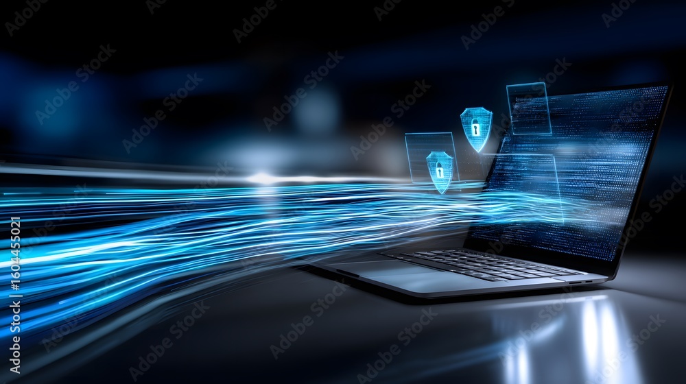 Poster laptop with cybersecurity shields and data stream
