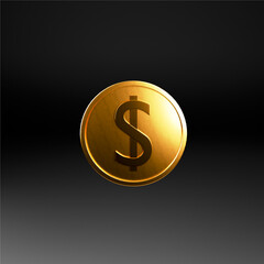 Realistic 3D render of a shiny golden dollar coin isolated on a dark soft gradient background. Represents wealth, investment, business, e-currency and financial success.