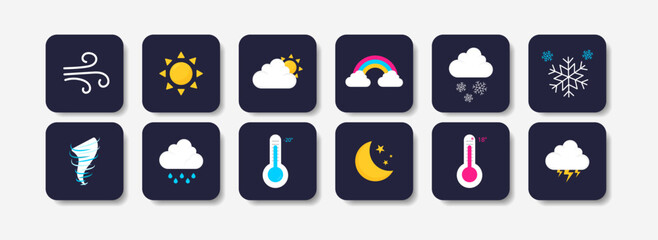 Set of modern weather icons in flat style. Includes sun, cloud, wind, snowflake, thermometer, moon, rain, rainbow, storm, tornado. Perfect for UI, app design, and infographics.