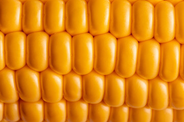 Macro image of vibrant yellow corn kernels in even rows, showing smooth texture and natural symmetry.