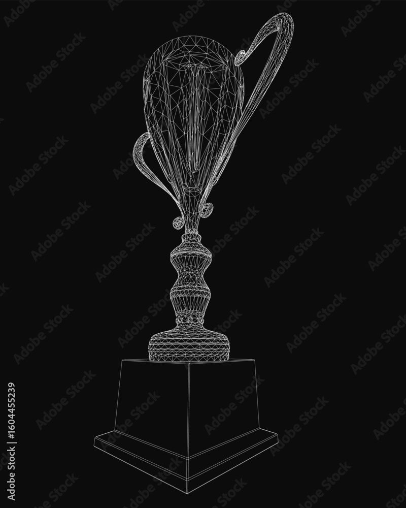 Poster a 3d wireframe trophy with intricate details stands out against a black background. the cup features
