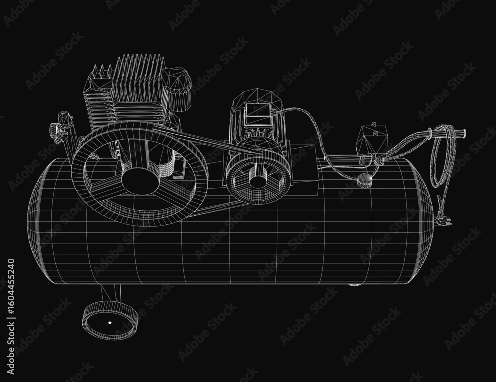 Poster a 3d wireframe model of an air compressor displays intricate mechanical details on a black backgroun