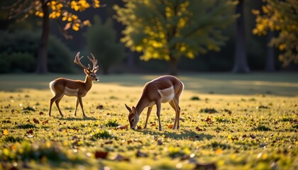this is an image capturing a serene moment in nature. two deer stand side by side in a grassy area, one slightly ahead of the other, both grazing peacefully