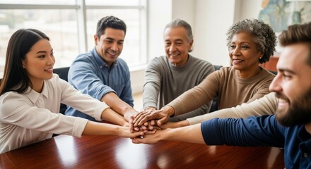 Diverse hands joined together in the center of a meeting table.