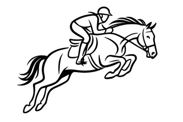 Dynamic minimal line art horse rider galloping, elegant equestrian sport motion, black continuous stroke drawing, vector illustration transparent background, logo design concept
