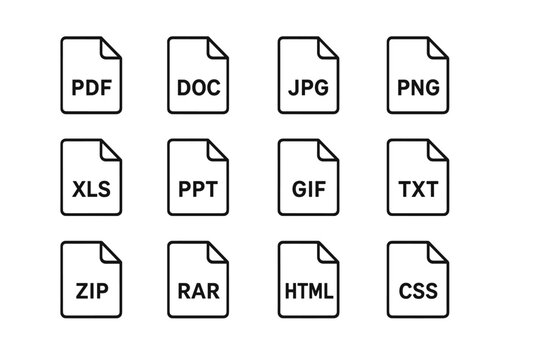 Computer file format icons set vector illustration outline style. Document PDF DOC XLS PPT web HTML CSS archive ZIP RAR image JPG PNG GIF text transparent background