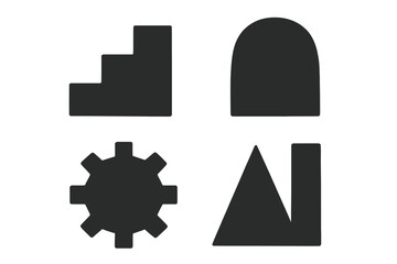 Set of brutalist abstract shapes. Minimalist geometric design elements. Black grunge textured icons like stairs, arch, gear. Primitive vector illustration on isolated background.