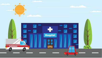 Hospital Building in the City with a Cars Flat Style. Public buildings and architecture, health care and medicine vector art