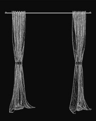 Two curtains hang on a clothes line in a detailed black and white wireframe sketch. Intricate shading highlights the fabric folds and textures. The minimalist style contrasts sharply against.