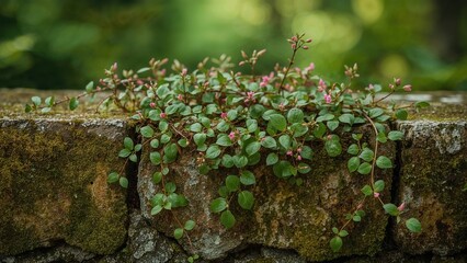 Desmodium triflorum spreading over a rocky surface with a lush green backdrop