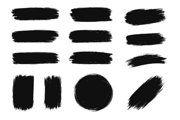 Set of Black Paint Brush Stroke Elements. Grunge Ink Brush Strokes, Textured Paint Marks, Smudge Swatches, Dry Brush Stains, Artistic Scribble Shapes. Isolated on White Background.
