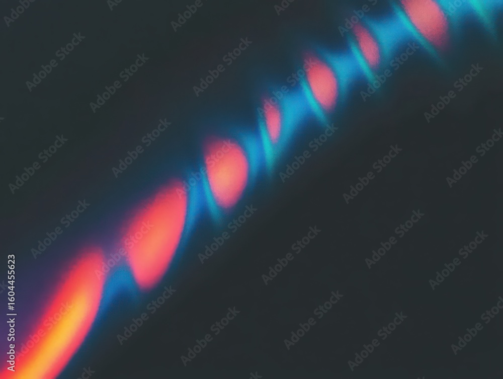 Poster diagonal light streak with colorful flare overlay and noise texture on dark background, abstract art