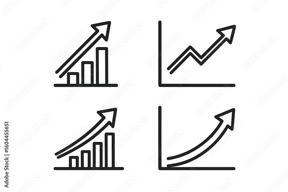 Poster business growth charts vector icon set. financial data visualization and trend analysis. minimalist 