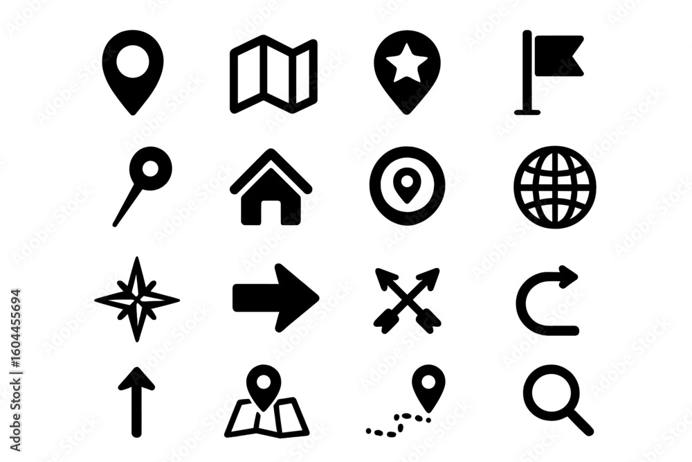 Poster navigation and map icon set – 16 black and white vector symbols for gps pin, location marker, compas