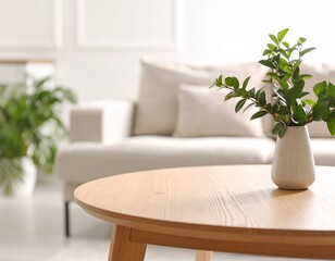 Minimalist wooden table in cozy living room, soft natural light, serene domestic still life.