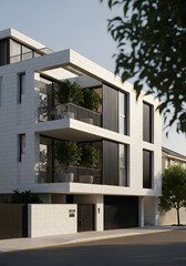 Elegant modern architecture: A multi-story residence with minimalist design and lush greenery, ideal for urban living.