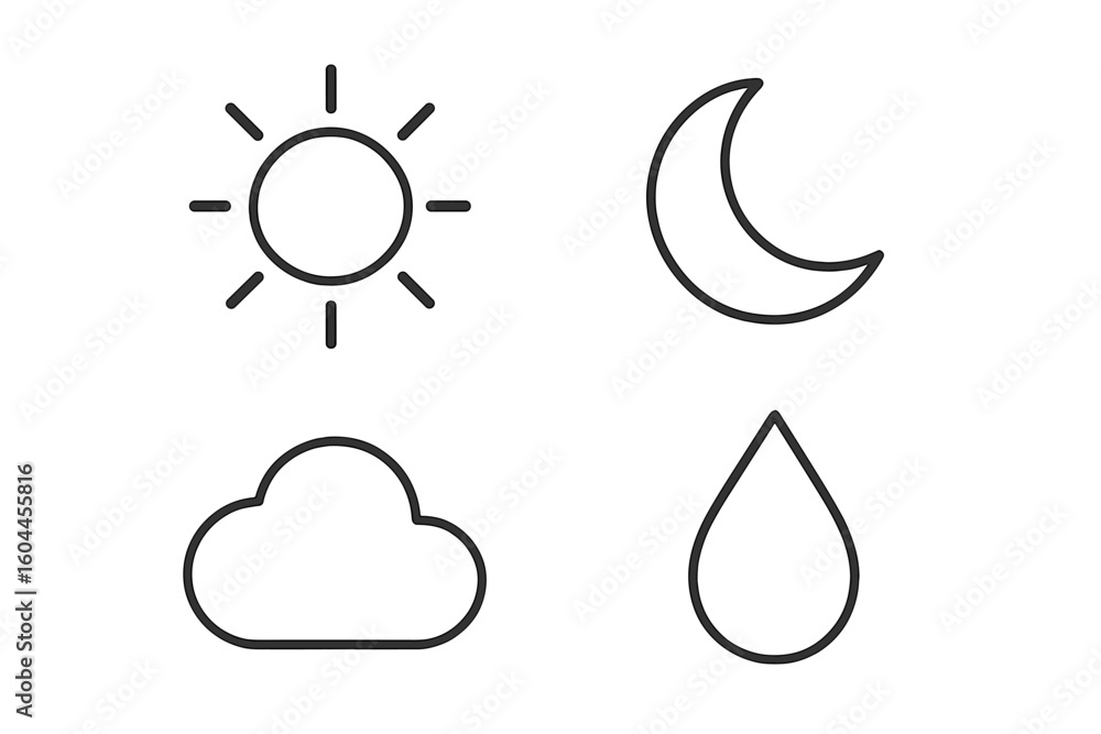 Poster weather icons set line art vector symbols sun moon cloud rain drop minimal design forecast meteorolo