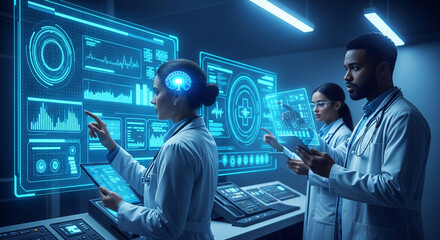 Team of diverse doctors using futuristic technology and medical interfaces in a lab. Healthcare professionals collaborate on cutting-edge research and diagnostics.