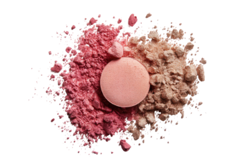Pink and beige cosmetic powder exploded around a round compact