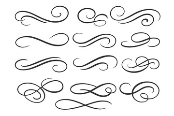 Elegant Calligraphic Swirls and Flourishes Vector Set on White Background, Decorative Swoosh and Underline Ornaments for Invitation, Card, Branding, Logo, Stationery, Graphic Design