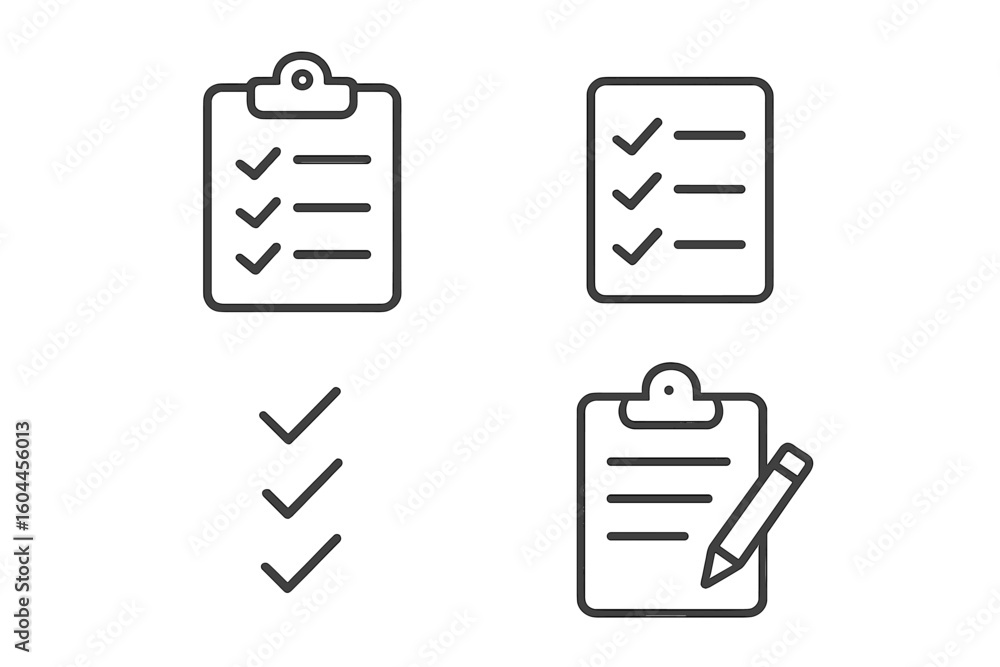 Poster checklist icon set with clipboard and task list symbols. vector line icons for project management, t
