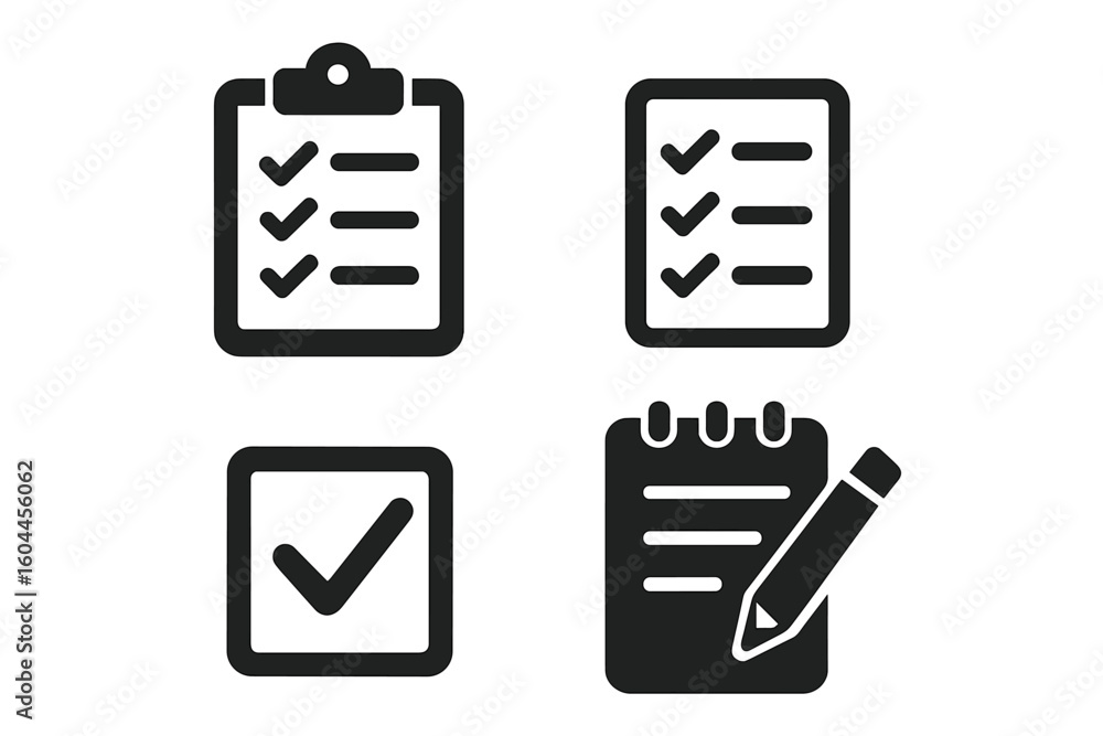 Poster checklist icon set. clipboard and task list symbol. vector illustration. tick mark and note taking. 
