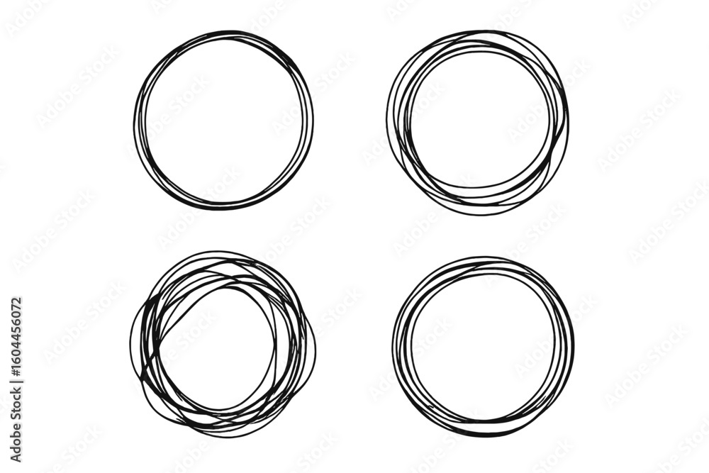 Poster hand drawn scribble circle frames collection, abstract irregular round stroke shapes, messy doodle l