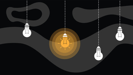 Light Bulbs Hanging on Electric Wire from Above one Shining Working. Technology, electricity and bright idea generation vector art