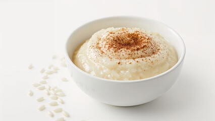 Rice pudding with a hint of cinnamon displayed on a plain white surface