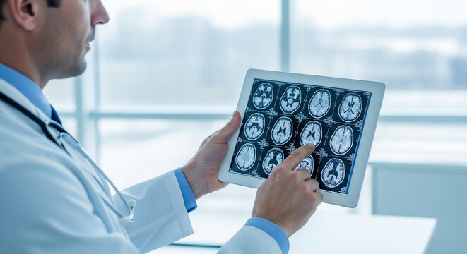 Doctor analyzing a brain MRI scan on a tablet. Healthcare professional examining medical imaging for diagnosis and treatment planning. Modern medicine concept.