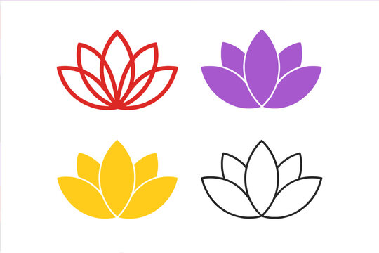 Vibrant lotus flower icon set with red outline, purple silhouette, glowing yellow, elegant white line art on blurred gradient background, spiritual wellness yoga logo collection