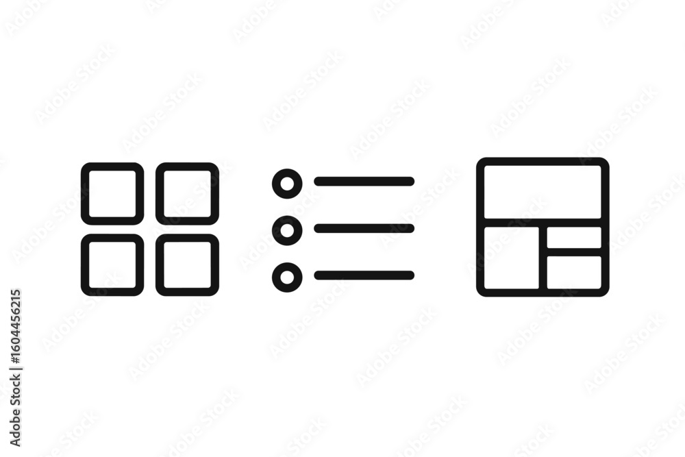 Aufkleber minimalist grid view, bulleted list, and dashboard layout icon set; thin line symbols for web app ui