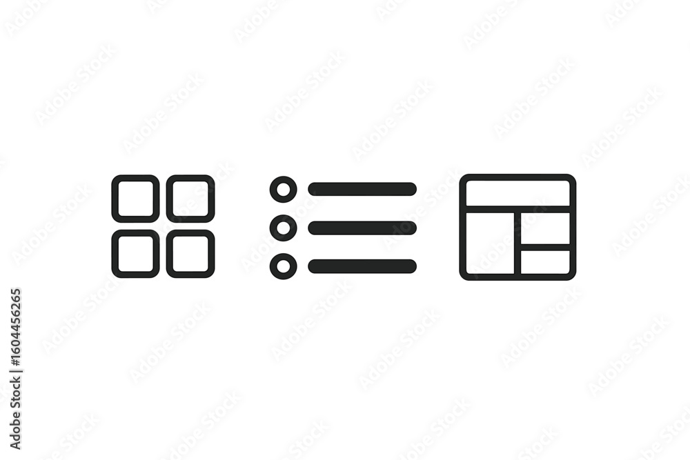 Aufkleber minimalist ui icon set with grid, list, and layout view options. modern symbols for web and app inte