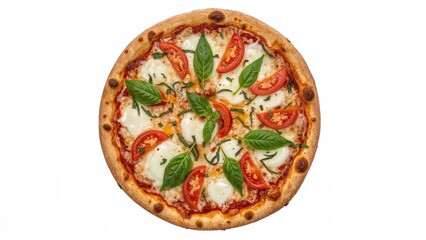 Delicious handcrafted pizza with cheese, tomatoes, and basil leaves presented on a white background, flat lay perspective