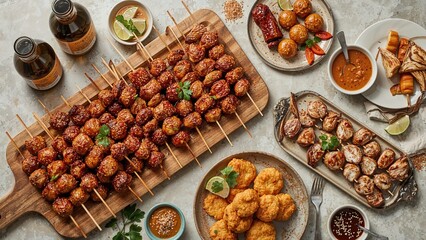 Appetizing assortment of grilled chicken, fish, meatballs, sausages, and frozen delicacies with soy and assorted sauces.